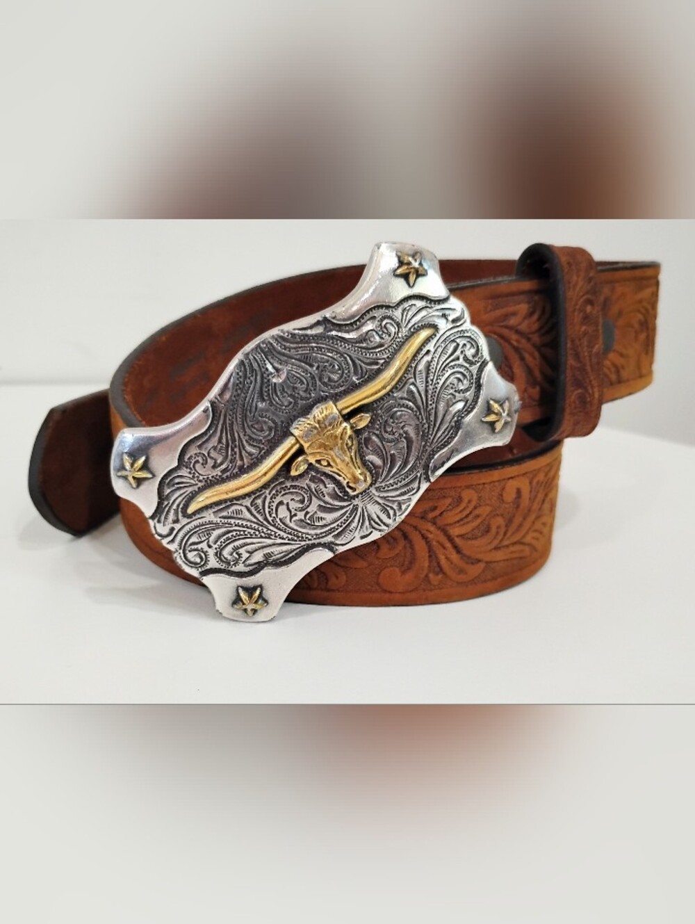 TONY LAMA LEATHER BELT WITH SILVER BUCKLE